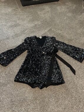 Sequin Wrap Romper Jumpsuit with Ribbon Tie - Black